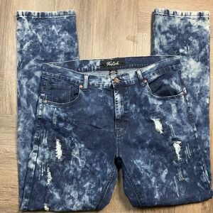 True‎ Luck Jeans Mens 36x34 Blue Distressed Acid Wash Slim Fit Moto Biker Denim